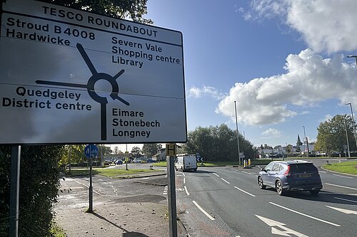 The sign at the Tesco roundabout on Bristol Road was directing motorists to “Eimare” and “Stonebech” instead of Elmore and Stonebench.