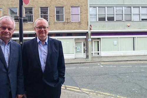 Jeremy Hilton & Declan Wilson outside the proposed much smaller public advice reception on Westgate Street